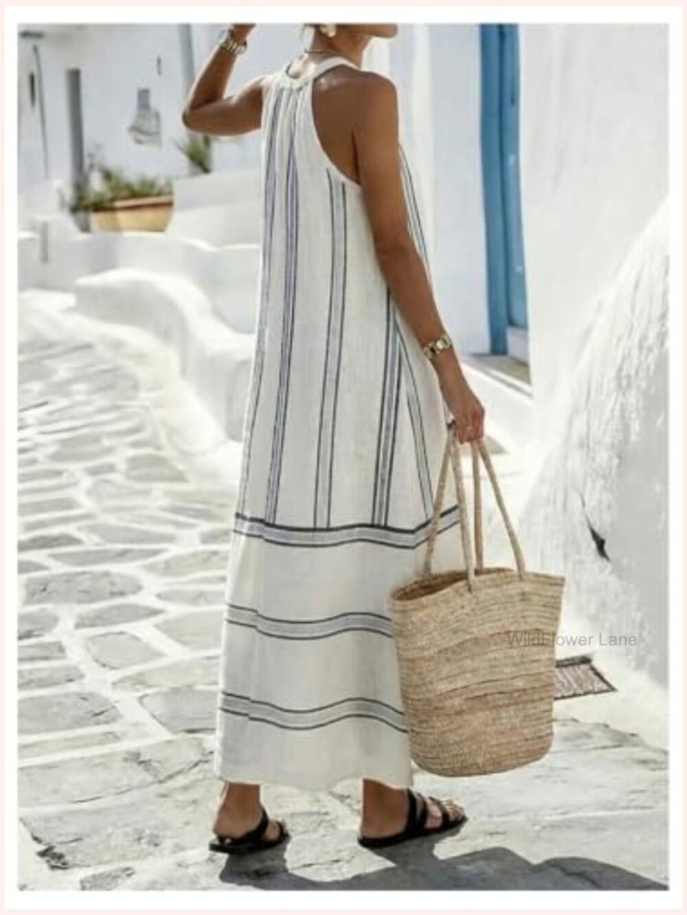 Striped Halter Maxi Dress Sleeveless A-Line Flowy Summer Casual Long Sundress - Picture 3 of 6